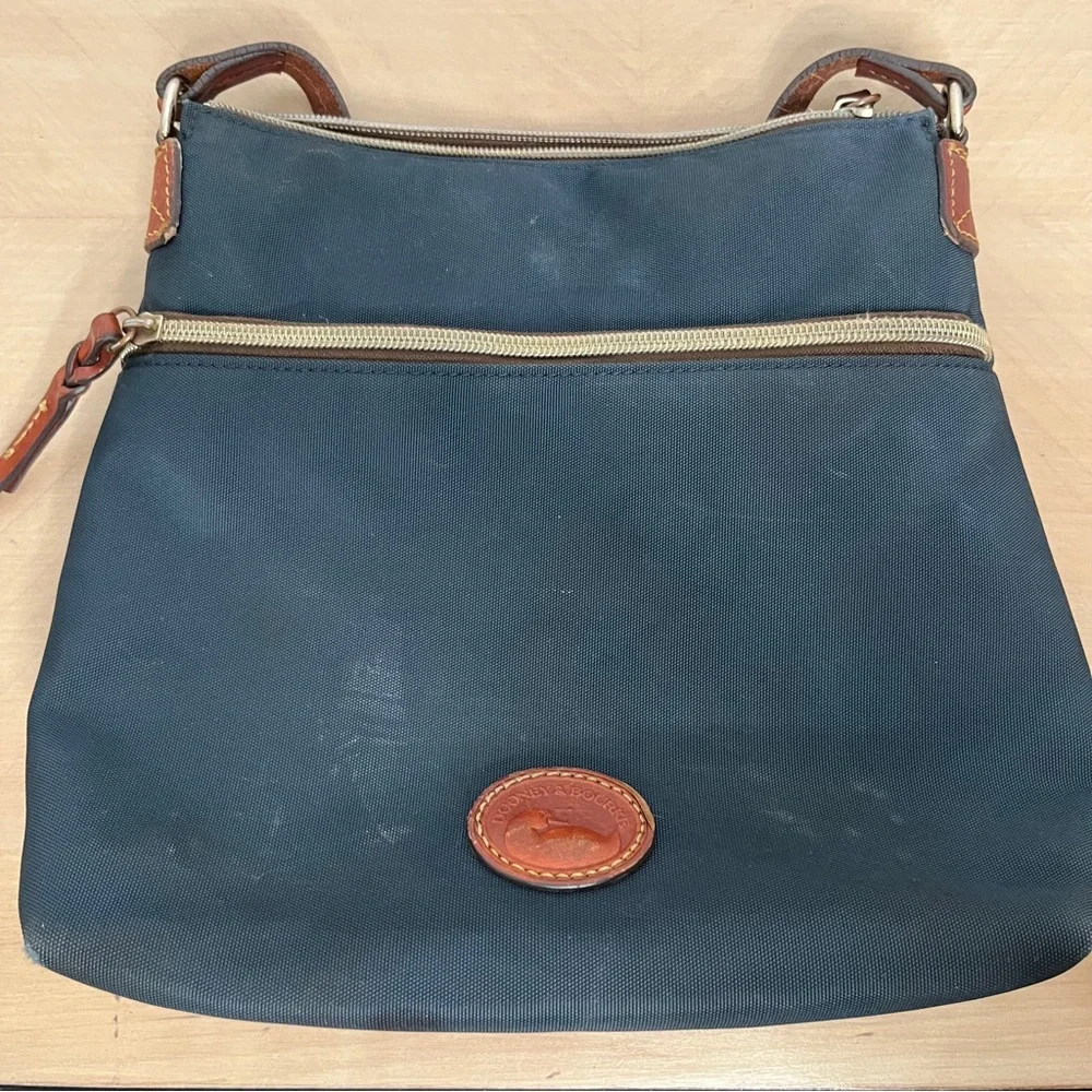 Dooney & Burke Blue Nylon Crossbody Bag with Brown Leather Details Zip Closure
